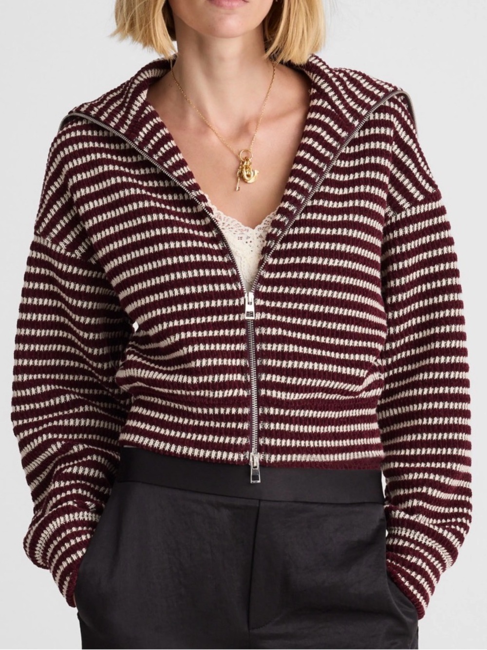 Madewell Burgundy & Cream Striped Zip Hoodie Sweater